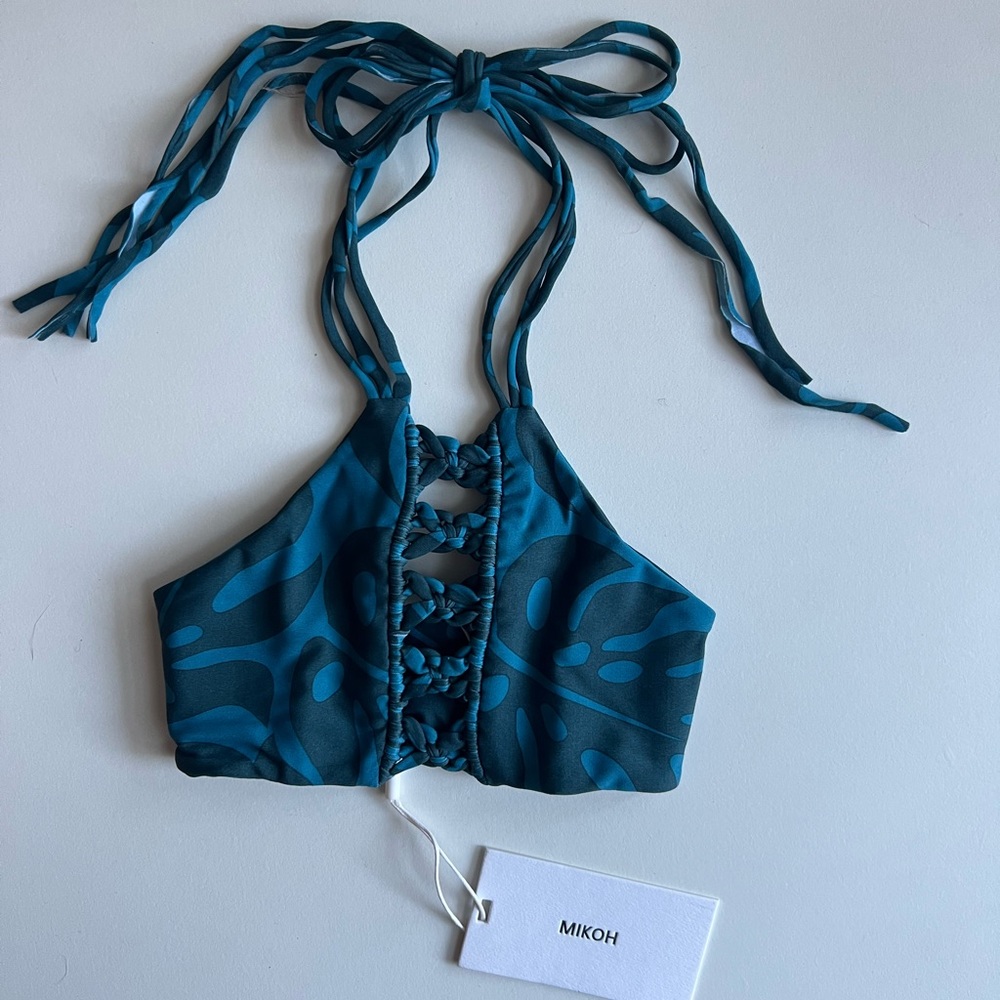 MIKOH MINI Kaleo High Neck Crotched Halter Top in Island Abyss NWT